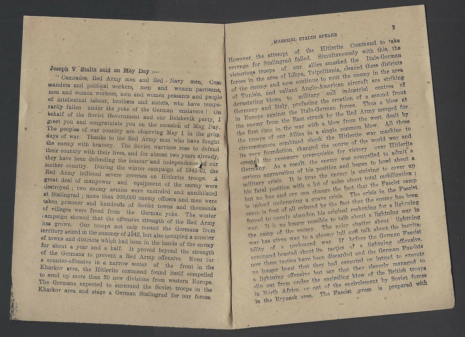 India 1943 WW2 National War Front Propaganda Pamphlet Marshal Stalin Speaks