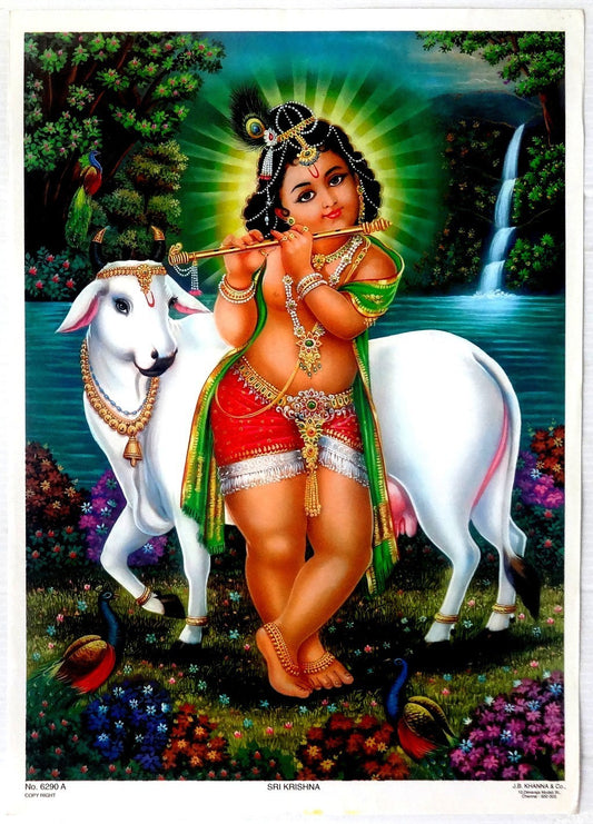 India 1970s Hindu God poster Sri Krishna 9.5”x13.5”