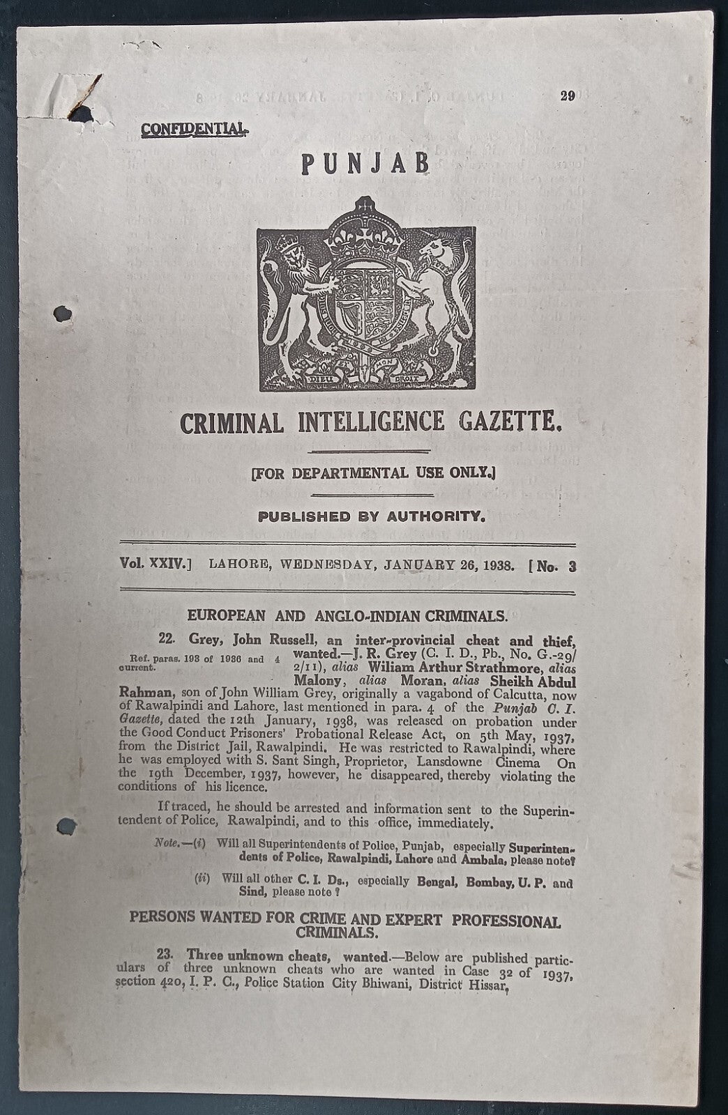 India 1938 PUNJAB CRIMINAL INTELLEGENCE GAZETTE - interesting very