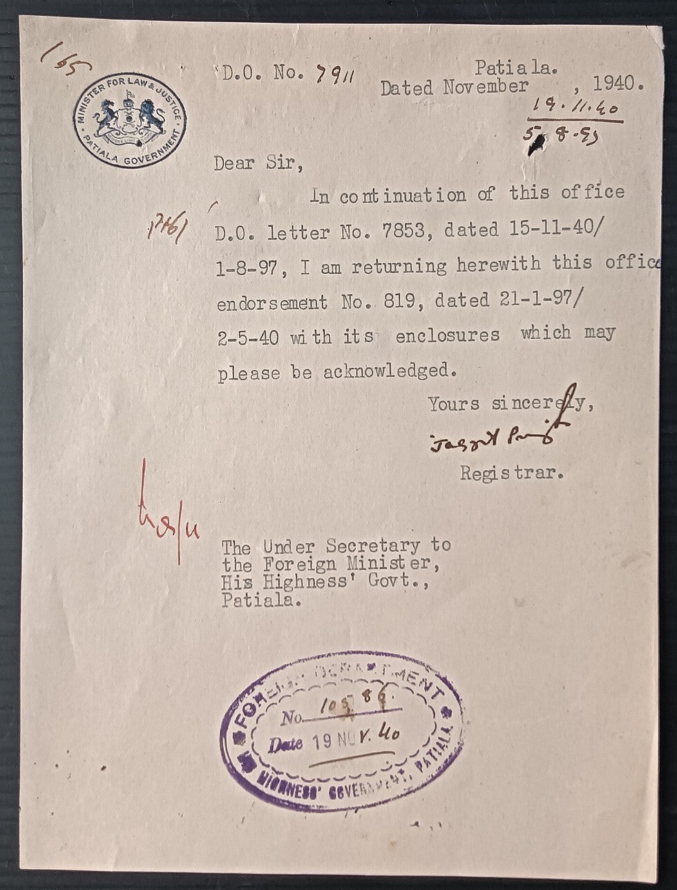 India MINISTER FOR LAW & JUSTICE PATIALA GOVERNMENT STATE crested letter u 1940
