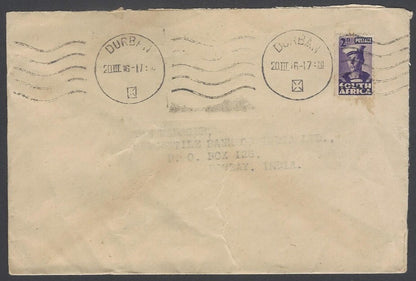 AOP South Africa 1943 bantam 2d single franking cover Durban to India