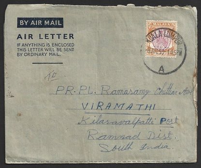 Malaya Negri Sembilan 1953 cover used Kuala Lumpur, Selangor to India