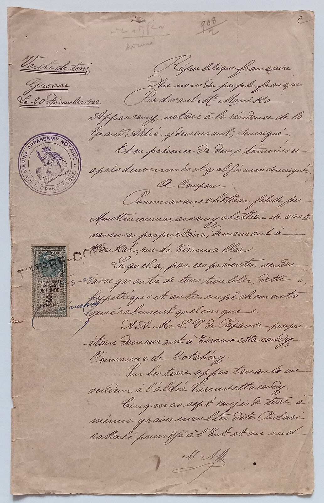 AOP French India 1909 3fa revenue stamp on 1922 8 page GRAND ALDEE document