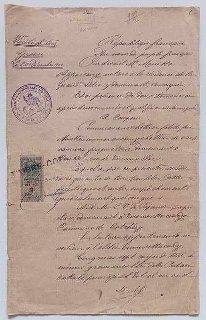 AOP French India 1909 3fa revenue stamp on 1922 8 page GRAND ALDEE document
