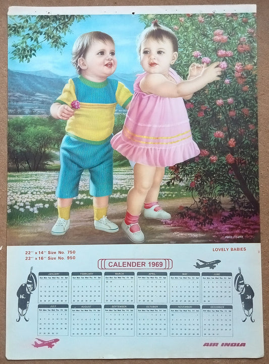 AIR INDIA 1969 poster calender 950 - LOVELY BABY - ARTIST : S. V. VARAS - R