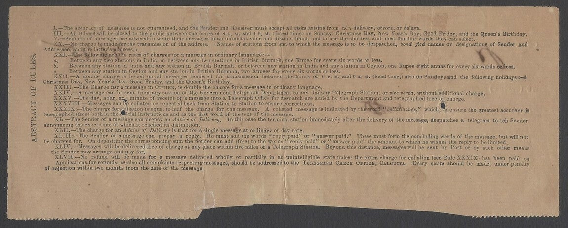 AOP India 1877 Telegraph receipt with 1869 QV 1R Die 1 canc. BOMBAY