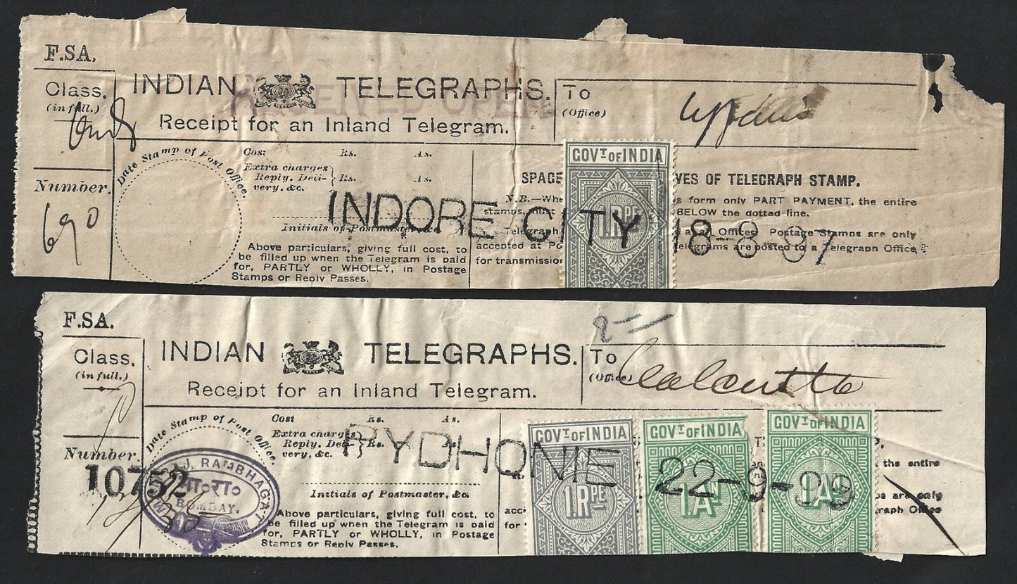 India 1876-1906 collection of telegraph receipts used from 12 different towns
