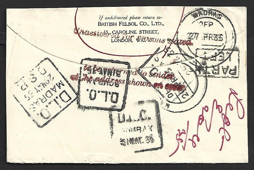 AOP India 1935 cover from UK with DLO/MADRAS/DSP DLO/BOMBAY & boxed PARTI/LEFT