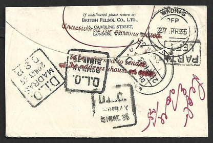 AOP India 1935 cover from UK with DLO/MADRAS/DSP DLO/BOMBAY & boxed PARTI/LEFT