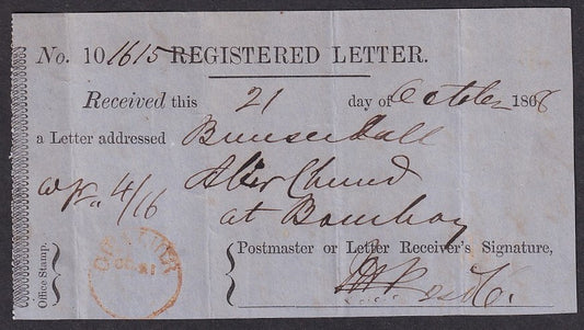 India 1868 REGISTERE LETTER receipt canc. red sc