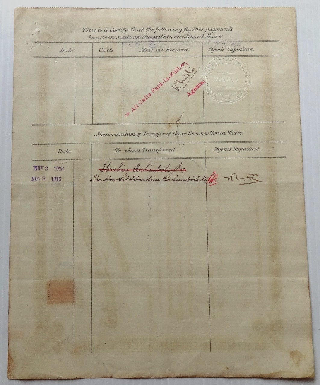 India THE KASTOORCHAND MILLS 1914 share certificate signed FE Dinshaw Ӝ zaz