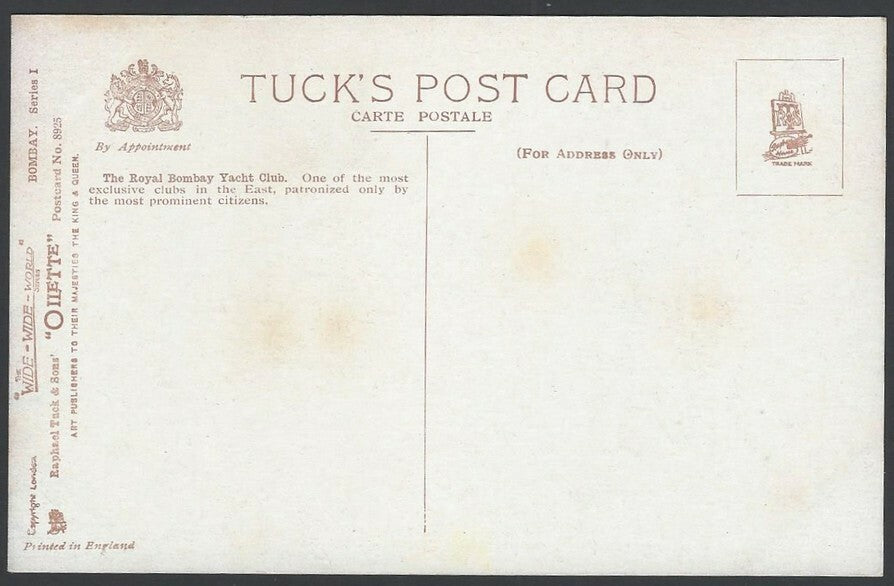 India BOMBAY vintage Oilette coloured postcard Royal Yacht Club