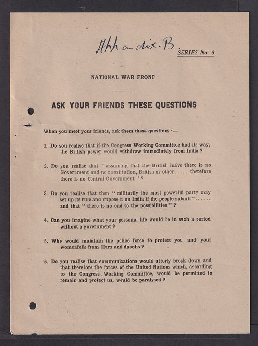 India World War 2 National War Front SCARE THE NATIVES propaganda sheet