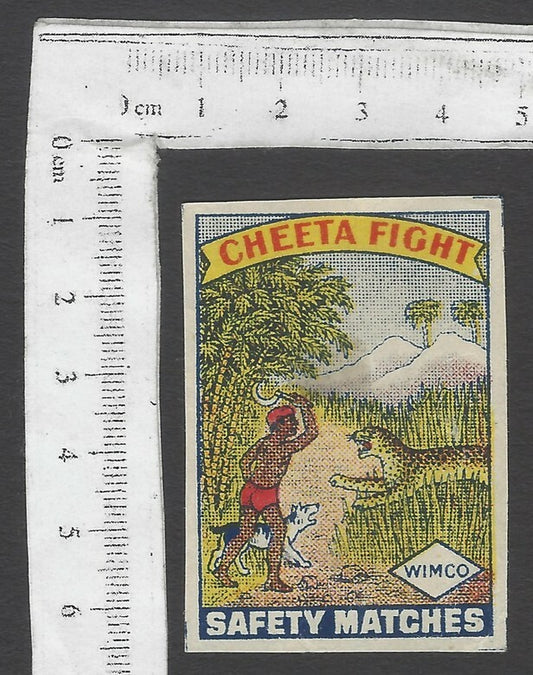 AOP India vintage matchbox label Cheeta Fight by WIMCO