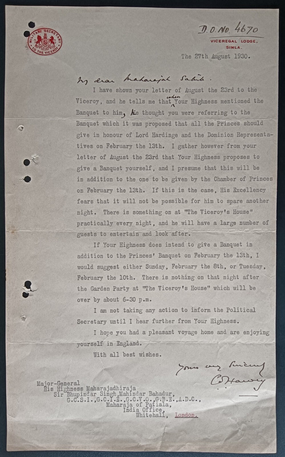 India 1930 crested letter PRIVATE SECRETARY TO THE VICEROY signed