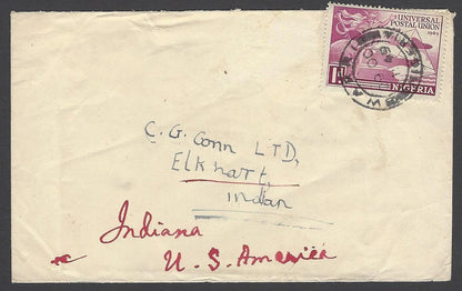 Nigeria 1949 UPU 1sh on cover to Indiana USA, nissent to India