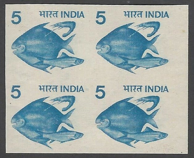India 1979 Fish 5 definitive IMPERFORATE block of 4 MNH