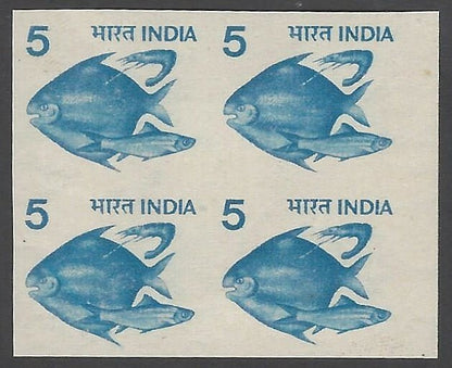 India 1979 Fish 5 definitive IMPERFORATE block of 4 MNH