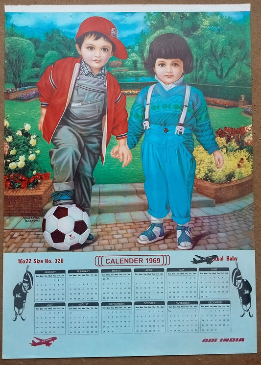 AIR INDIA 1969 poster calender 320 - FOOTBALL BABY - ARTIST : YOGENDRA RASTOGI