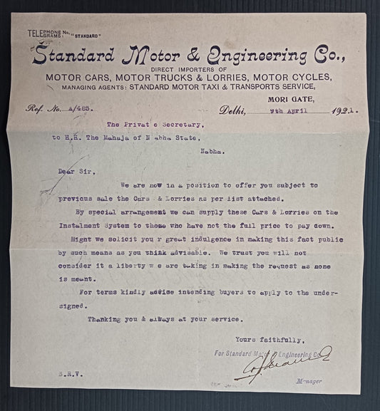 India 1921 Standard Mator CARS, TRUCKS, MOTOR CYCLES advertisement letterhead