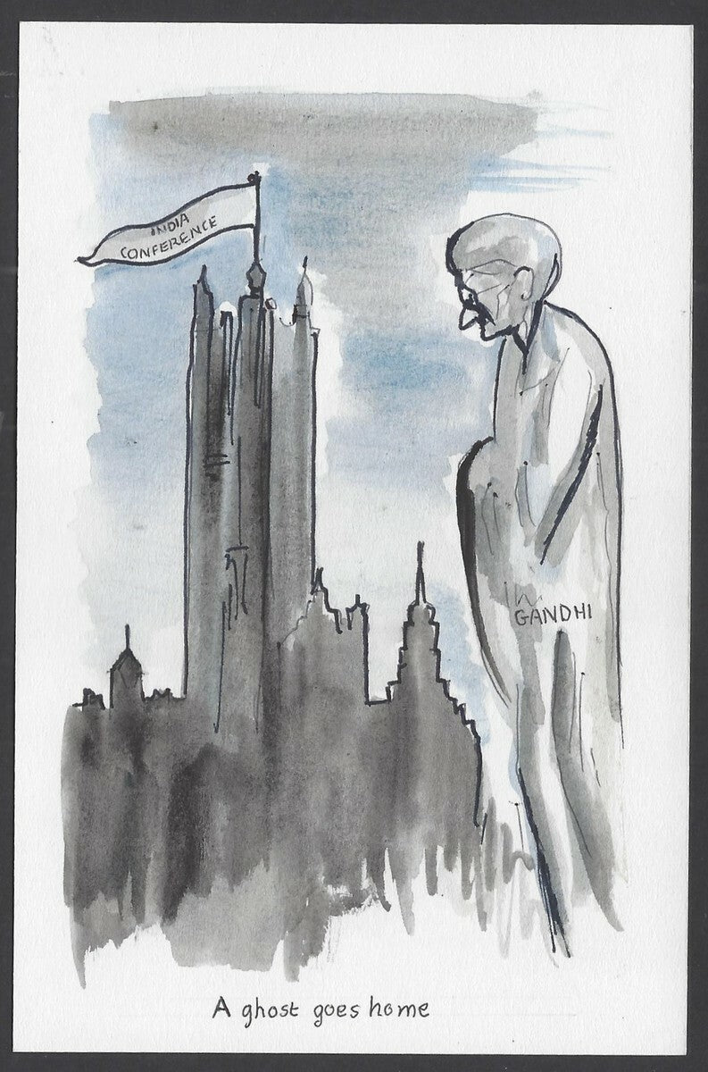 India Gandhi handpainted postcard A GHOST GOES HOME from the INDIA CONFERENCE