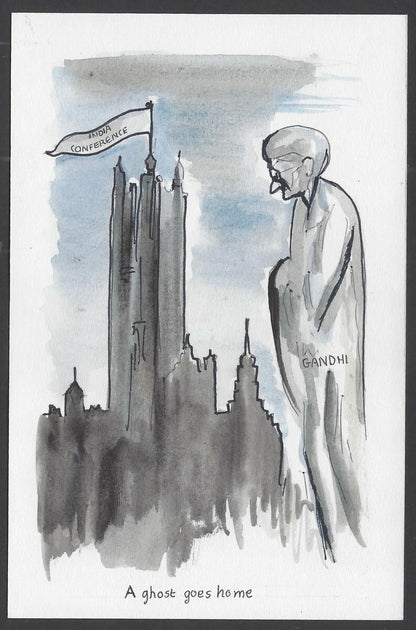 India Gandhi handpainted postcard A GHOST GOES HOME from the INDIA CONFERENCE