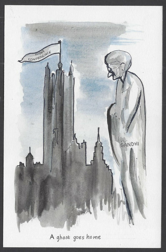 India Gandhi handpainted postcard A GHOST GOES HOME from the INDIA CONFERENCE