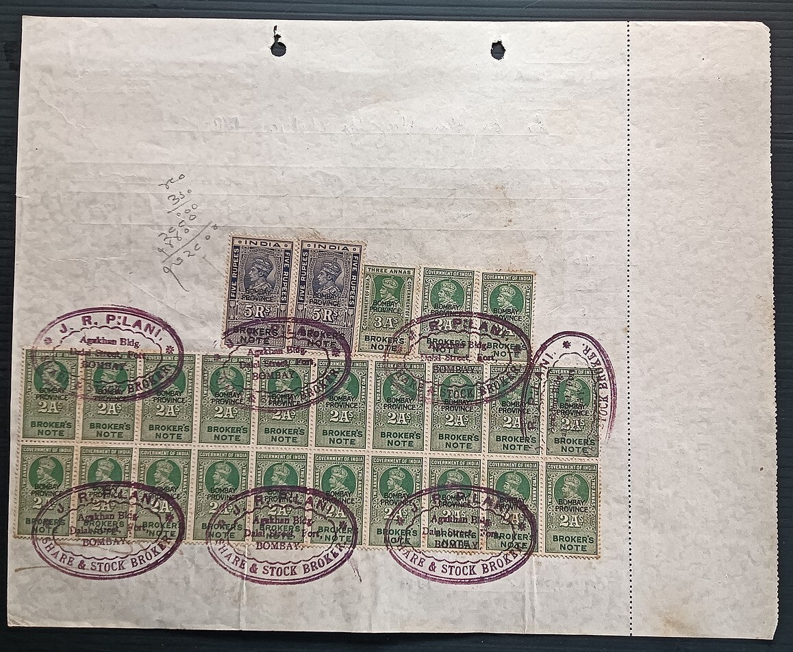 India KGV & KGVI Broker's Note x 25 on 1946 contract note