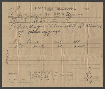 India 1891 & 1892 1 line & 2 line HYDERABAD DECCAN telegrams (2)
