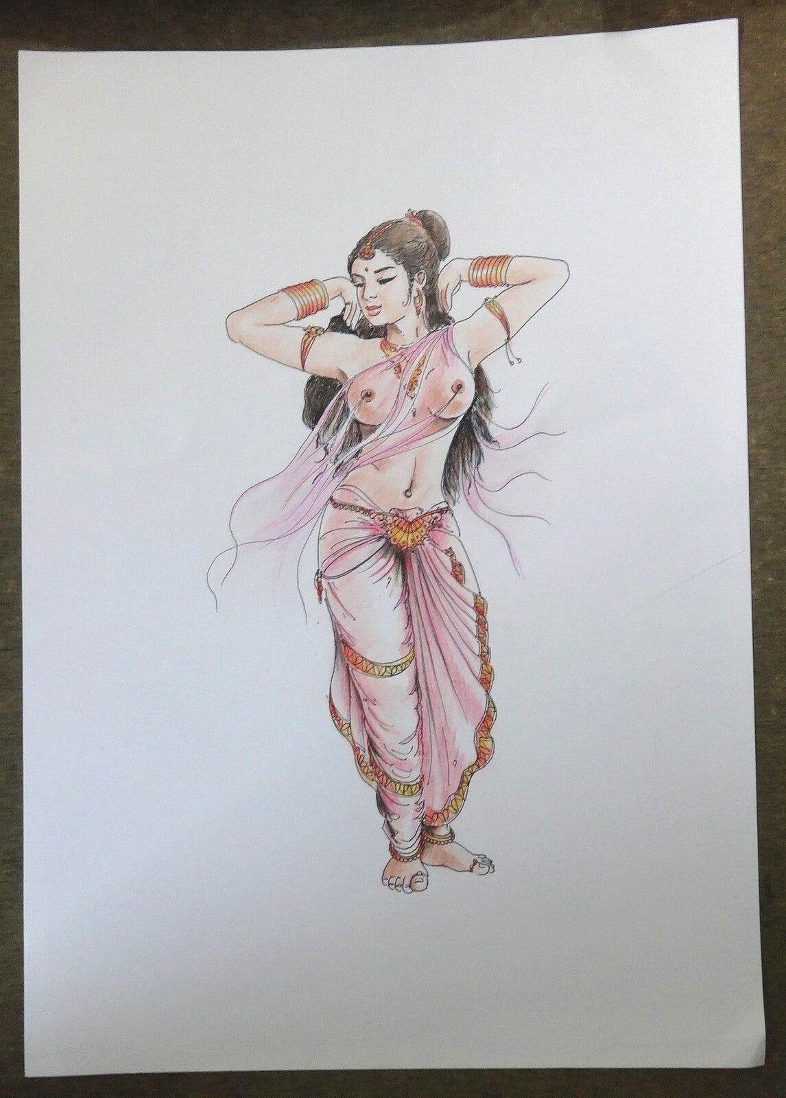 Indian dancing beauty watercolors crayons & ink on card 12''x 17''