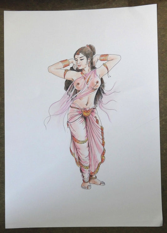 Indian dancing beauty watercolors crayons & ink on card 12''x 17''