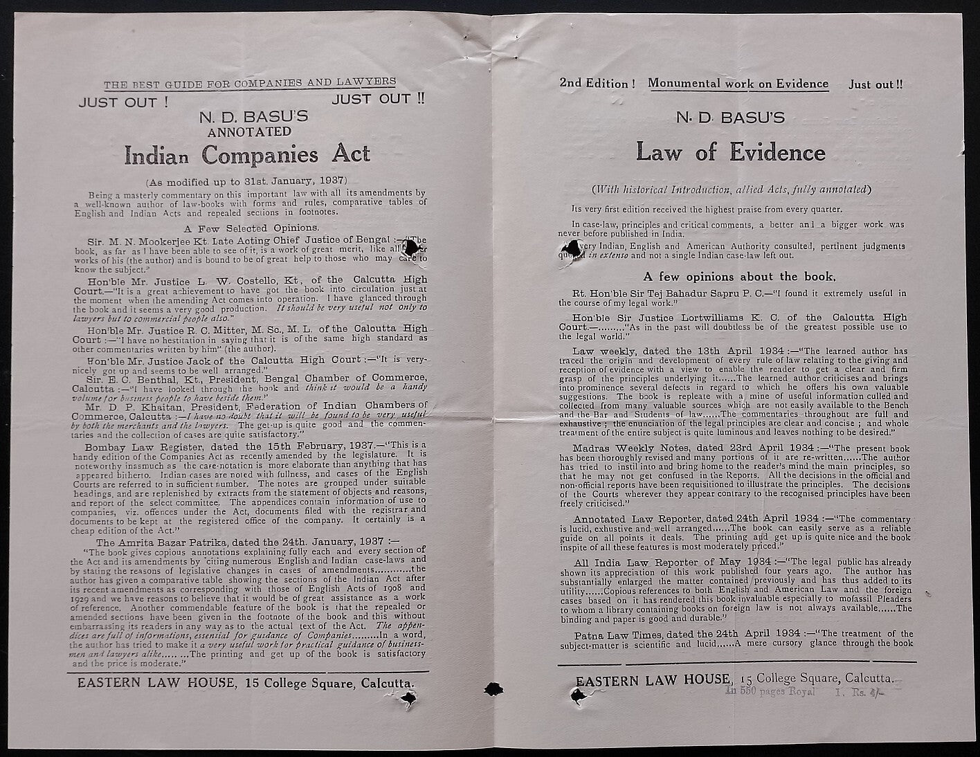 AOP India Eastern Law House, Calcutta Feb 1937 Book List