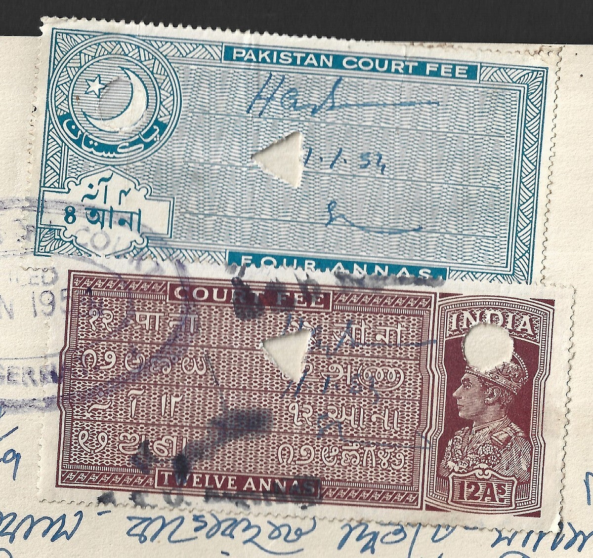 Court Fees India KGVI 2a + Pakistan 4a combination on 1954 document