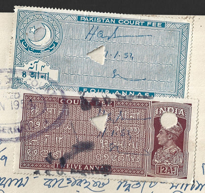 Court Fees India KGVI 2a + Pakistan 4a combination on 1954 document