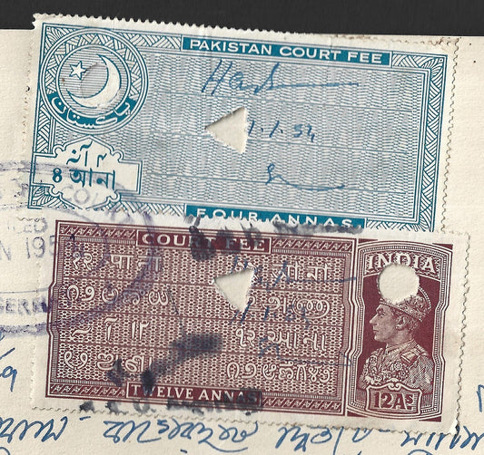 Court Fees India KGVI 2a + Pakistan 4a combination on 1954 document