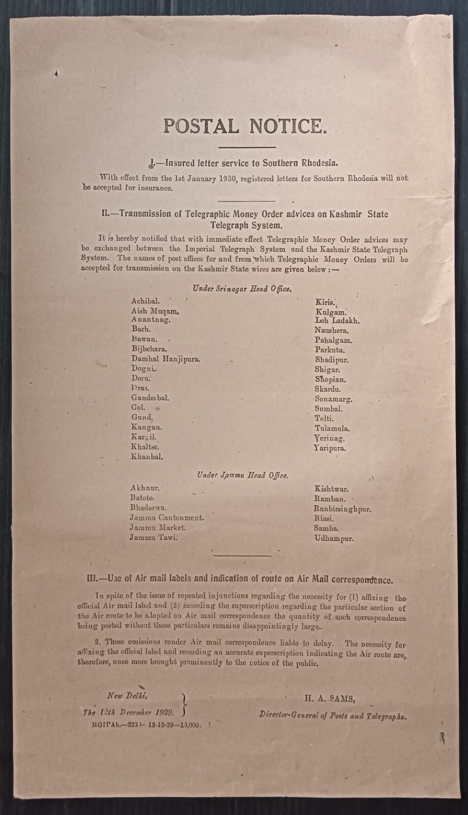 India 1929 POSTAL NOTICE Multiple topics