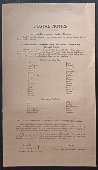India 1929 POSTAL NOTICE Multiple topics