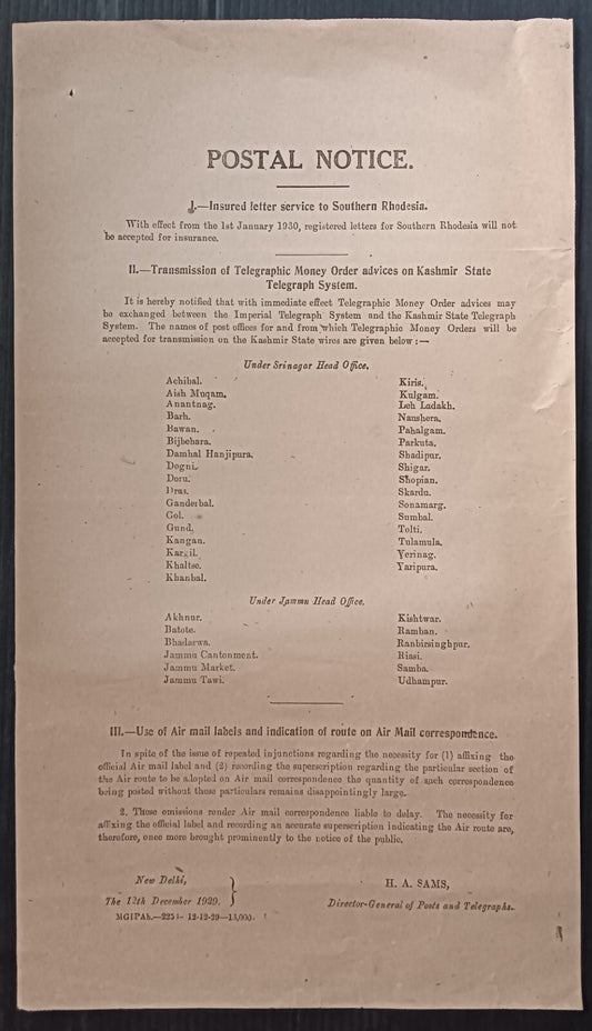 India 1929 POSTAL NOTICE Multiple topics