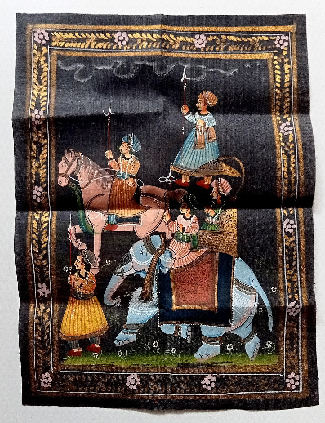 India vintage painting on cloth RAJAH AND HIS MEN ON ELEPHANT 9 x 13 inches