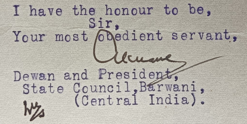 India 1931 crested letter BARWAN STATE signed by the Diwan