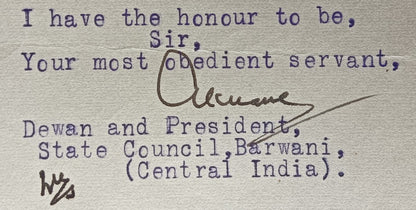 India 1931 crested letter BARWAN STATE signed by the Diwan