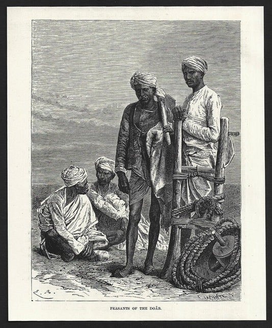 India PEASANTS OF THE DOAB engraved print ex libris Rousslet 1876 7"x6"