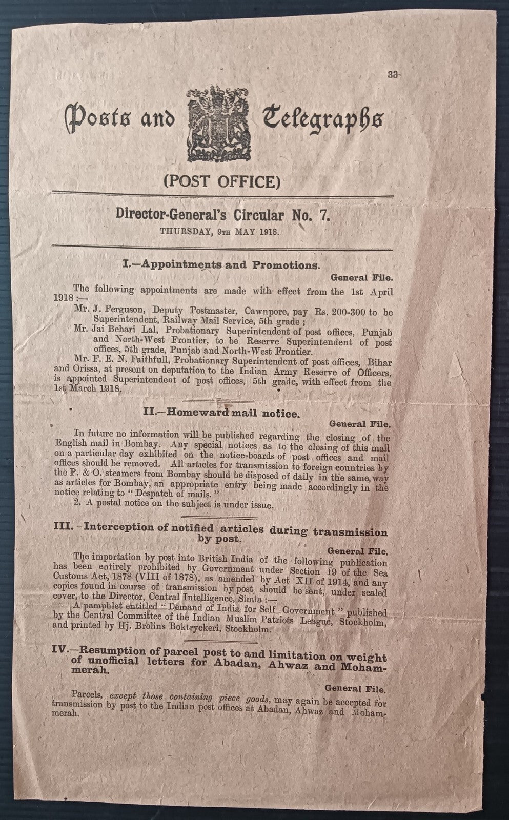 India 1918 POST OFFICE CIRCULAR No. 7