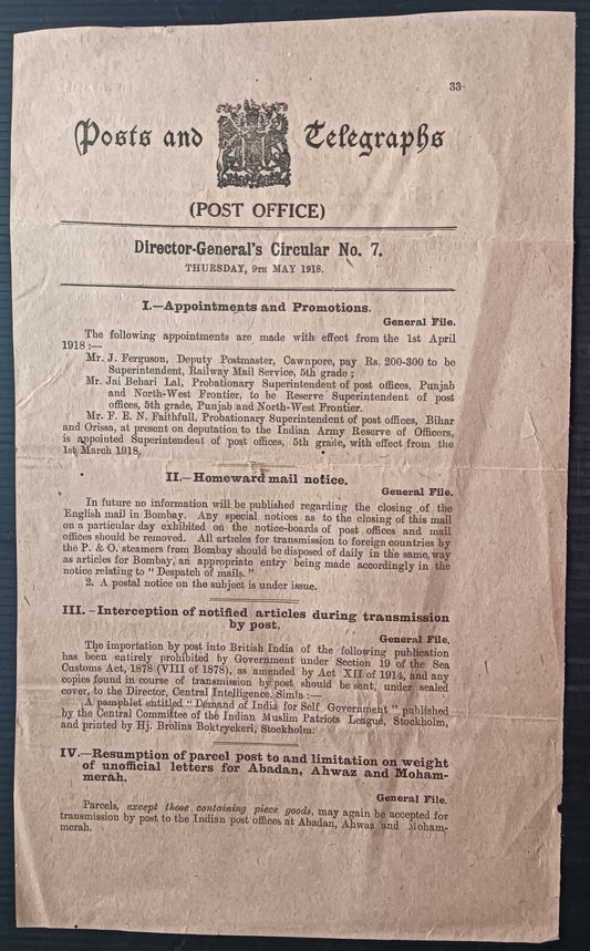 India 1918 POST OFFICE CIRCULAR No. 7