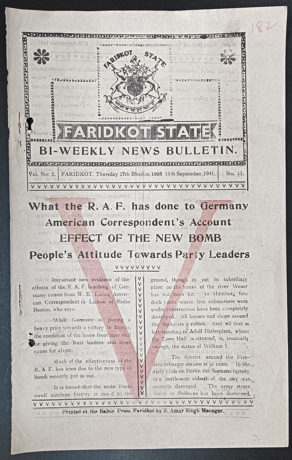 India WW2 1941 FARIDKOT STATE BI-WEEKLY NEWS BULLETIN - Effect of the New Bomb