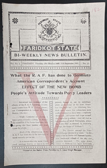 India WW2 1941 FARIDKOT STATE BI-WEEKLY NEWS BULLETIN - Effect of the New Bomb
