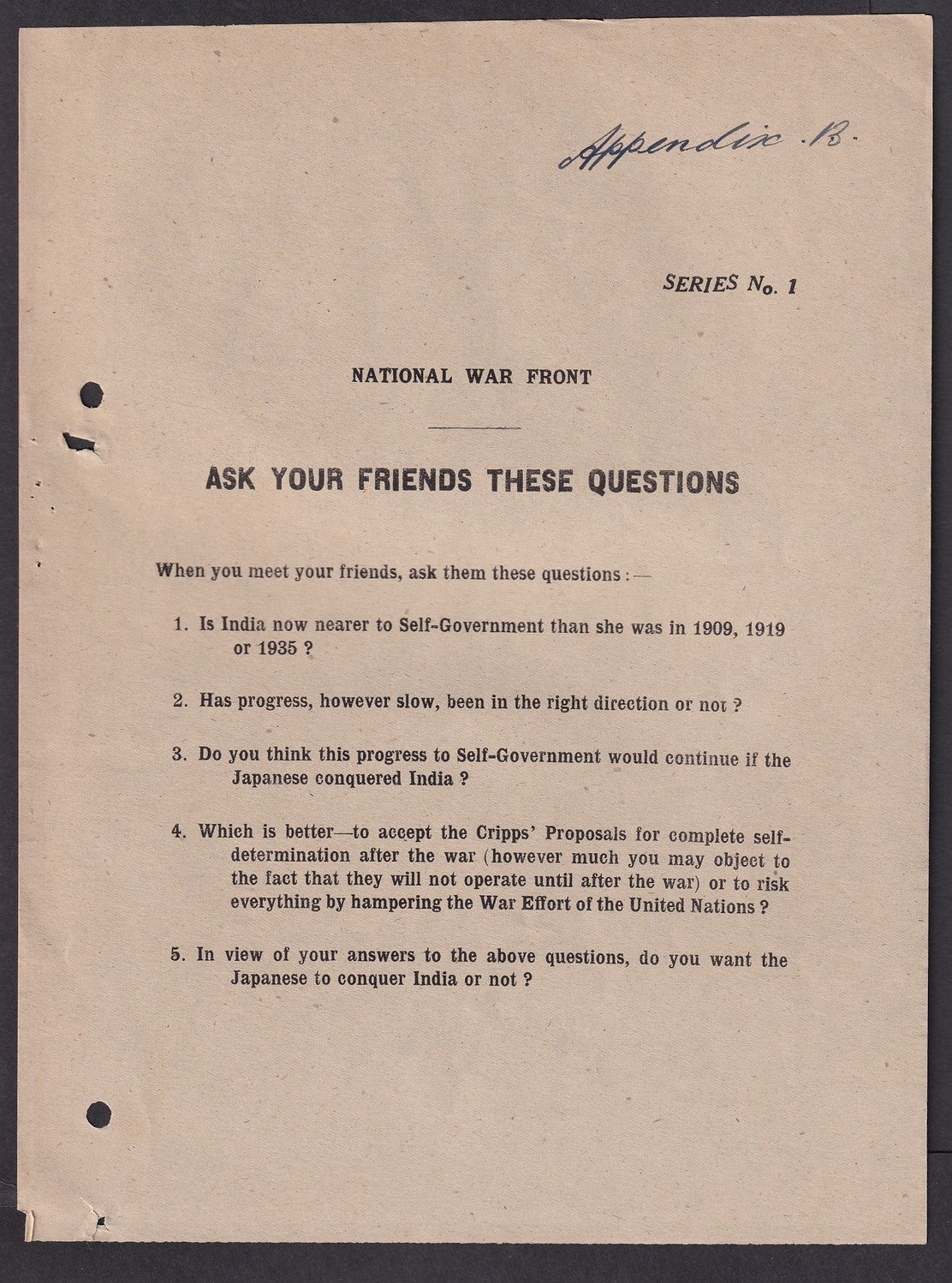 India World War 2 National War Front DO U WANT TO BE CONQUERED propaganda sheet