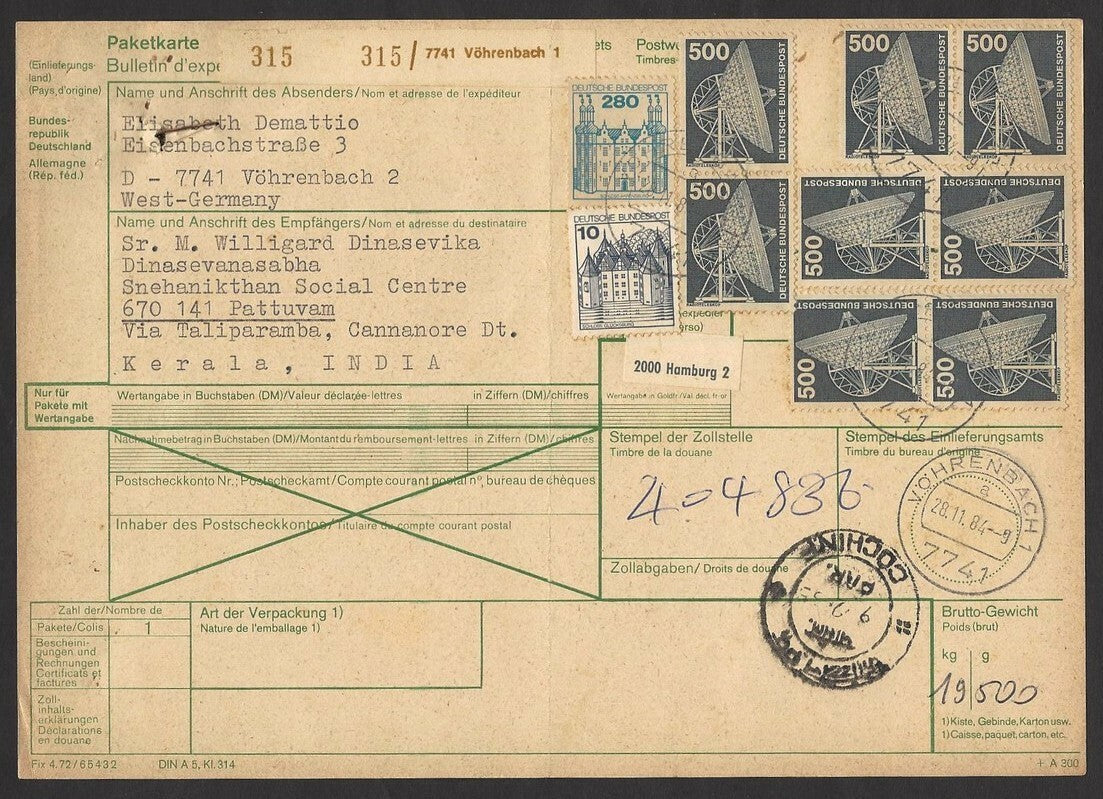 Germany 1975 500pf x 8 on MiF parcel card to India