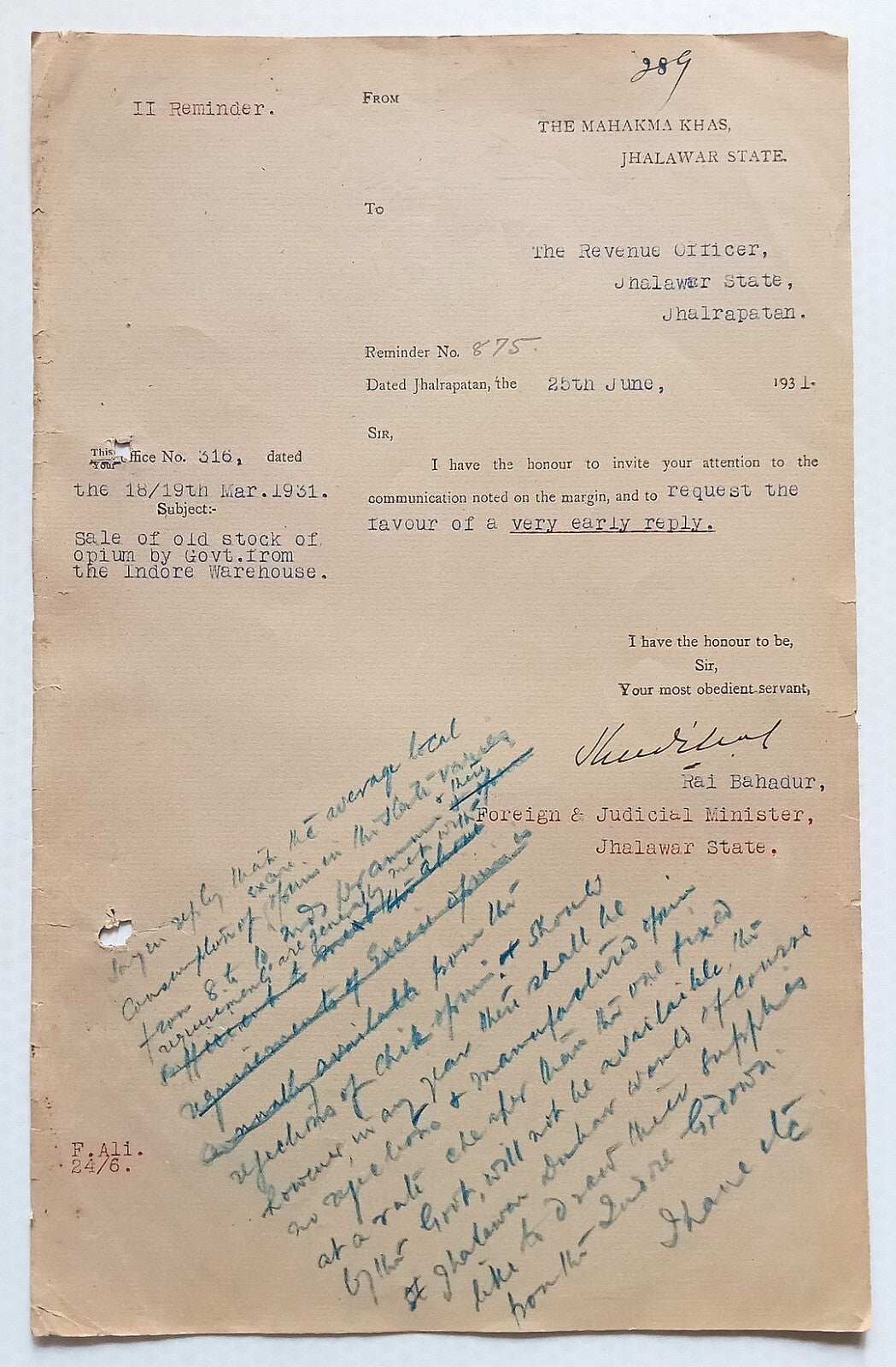 AOP India Official correspondence - OPIUM & OTHER DANGEROUS DRUG 1931