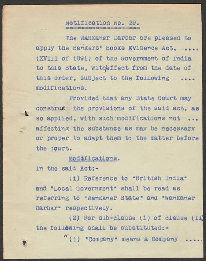 India 1945 BANKERS' BOOK EVIDENCE ACT signed Amar Singh MAHARAJA of WANKANER